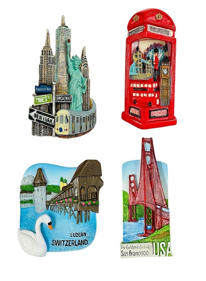 KRIWIN Travel Theme Different Countries 3D Resin Fridge Magnets Pack of 4-London, New York, USA & Switzerland - Image 1